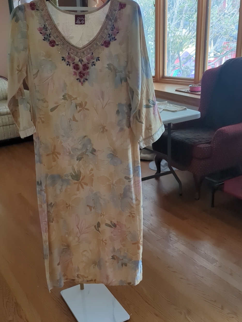 Floral Embroidered V-Neck Midi Dress/Kurta With Pants in Soft Yellow by Ready. M